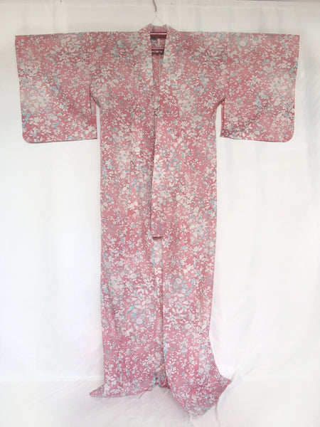 Authentic Japanese summer kimono - see through pink with delicate white and blue florals