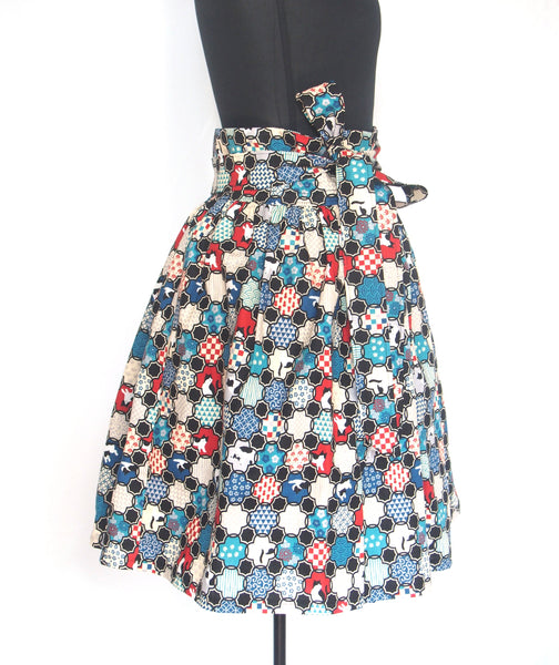 Red and blue Japanese motifs (with cats!) - handmade mini cotton wrap skirt with pockets