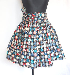 Red and blue Japanese motifs (with cats!) - handmade mini cotton wrap skirt with pockets