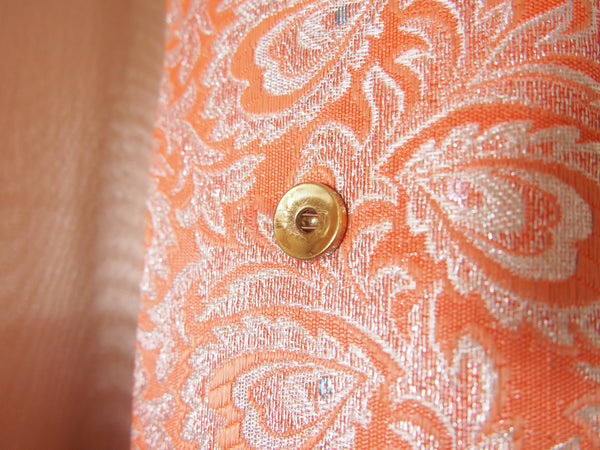 Vintage kimono handbag - long orange clutch with silver peacock feathers