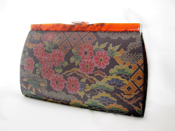 Vintage kimono handbag Ooshima tsumugi - black silk taffeta with floral pattern