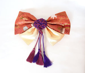 Elegant kanzashi - Japanese hair accessory - red and golden bow with purple tassels
