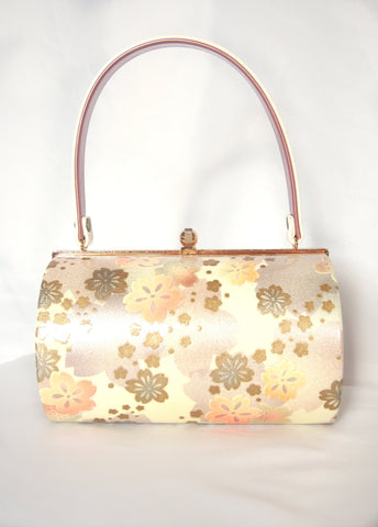 Modern kimono handbag - cylindrical ivory and gold with orange and pink sakura flowers