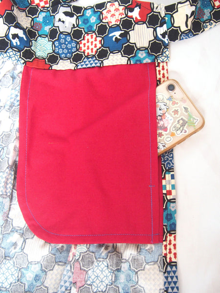 Red and blue Japanese motifs (with cats!) - handmade mini cotton wrap skirt with pockets