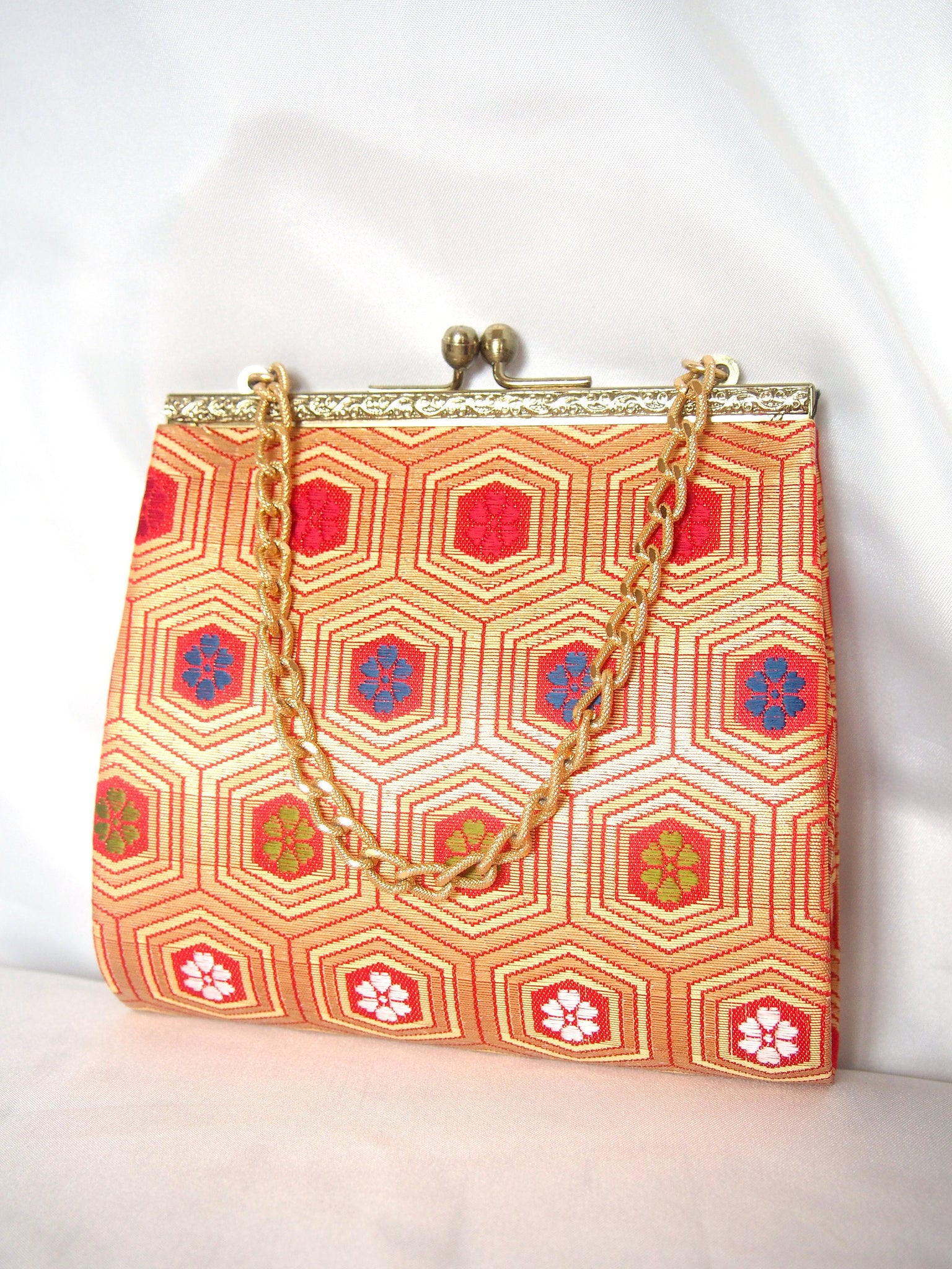 Vintage kimono handbag for children - red, orange, and gold, with colorful flowers