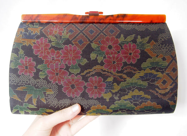 Vintage kimono handbag Ooshima tsumugi - black silk taffeta with floral pattern