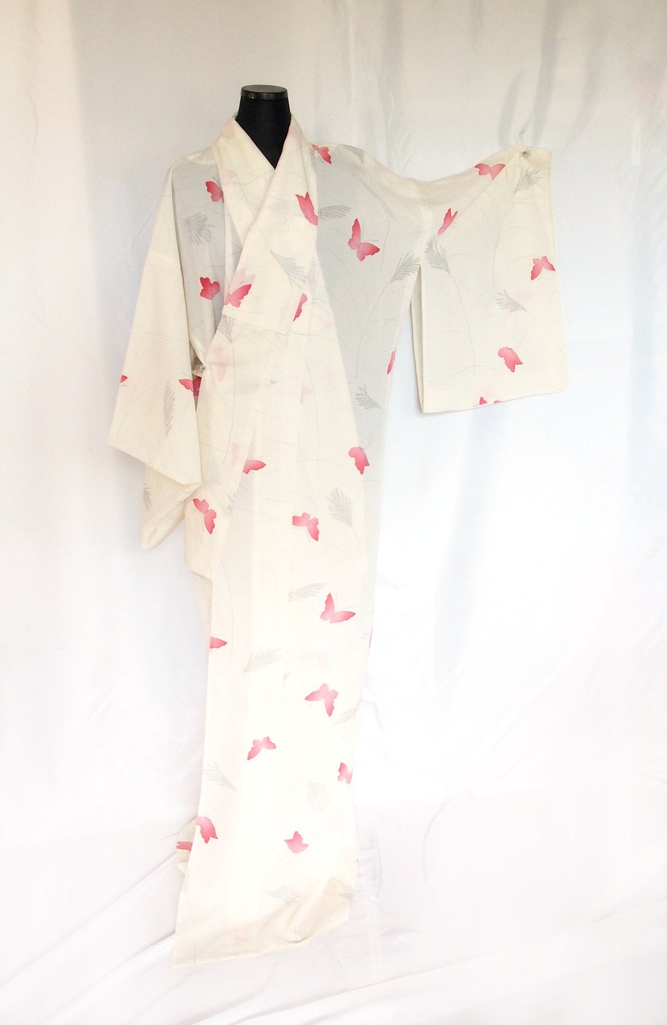 Authentic Japanese summer kimono - see through ivory white with pink butterflies and silver accents