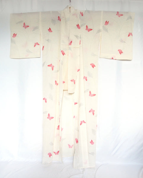 Authentic Japanese summer kimono - see through ivory white with pink butterflies and silver accents