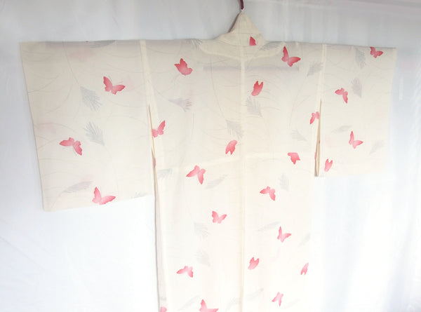 Authentic Japanese summer kimono - see through ivory white with pink butterflies and silver accents