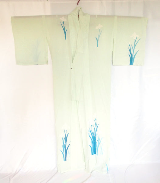 Authentic Japanese summer kimono - see through pastel green with iris flowers