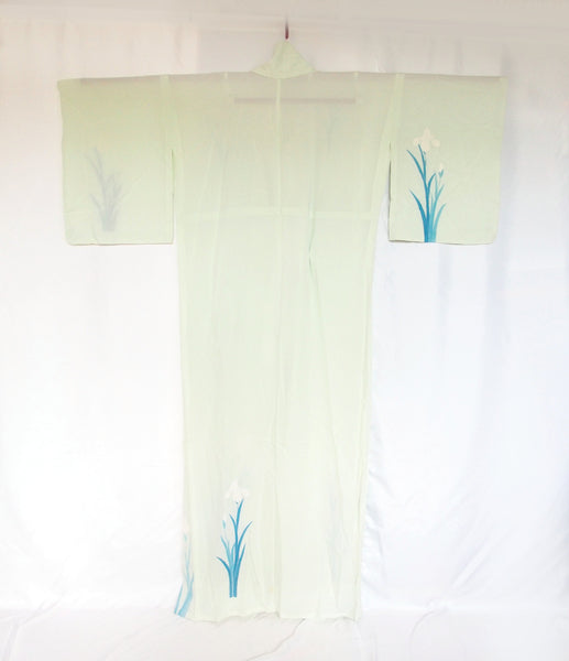 Authentic Japanese summer kimono - see through pastel green with iris flowers