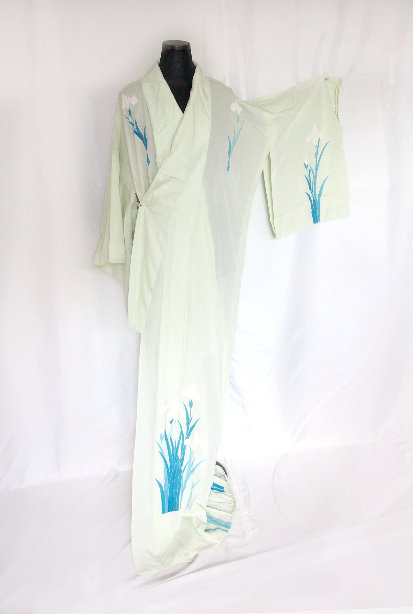 Authentic Japanese summer kimono - see through pastel green with iris flowers