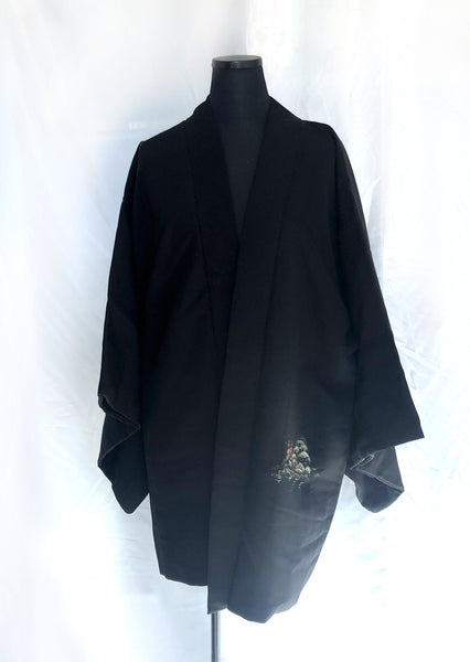 Vintage Japanese kimono coat - elegant black haori with hand painted Kinkaku ji temple