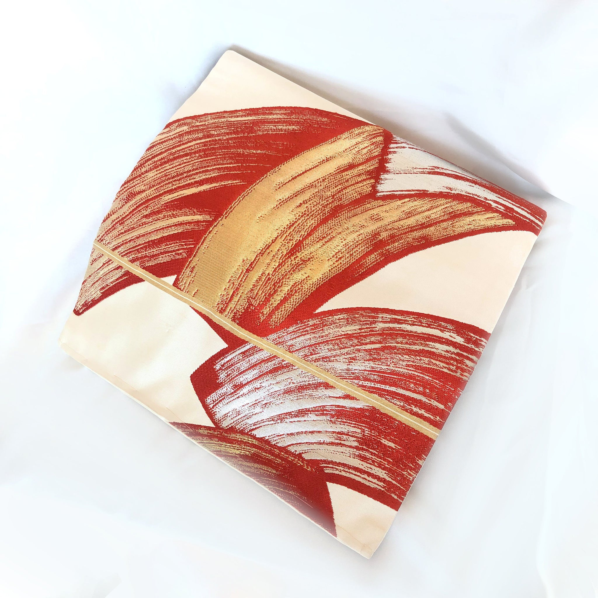 Vintage Nagoya obi - retro modern off-white with red, golden, and silver brush stroke pattern