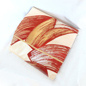 Vintage Nagoya obi - retro modern off-white with red, golden, and silver brush stroke pattern