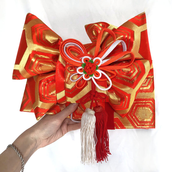 Instant vintage obi set - festive ribbon tie in gold and red, set of sashes, and hair accessories
