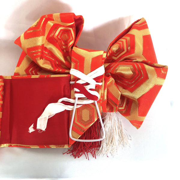 Instant vintage obi set - festive ribbon tie in gold and red, set of sashes, and hair accessories