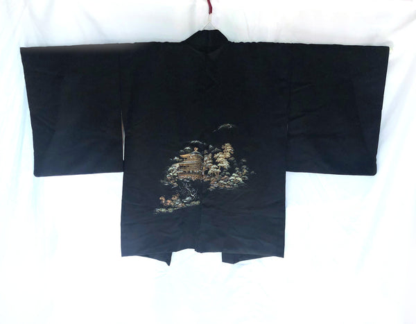 Vintage Japanese kimono coat - elegant black haori with hand painted Kinkaku ji temple