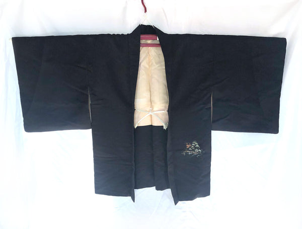 Vintage Japanese kimono coat - elegant black haori with hand painted Kinkaku ji temple