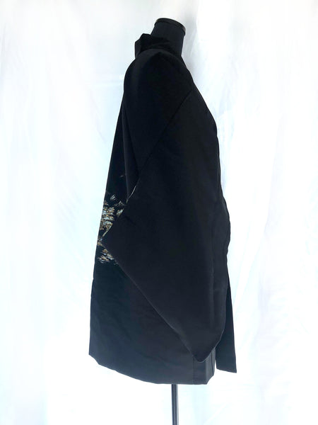 Vintage Japanese kimono coat - elegant black haori with hand painted Kinkaku ji temple