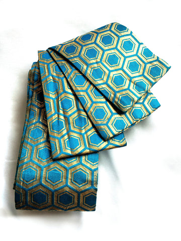 Vivid narrow kaku obi - golden and bright blue hexagonal pattern