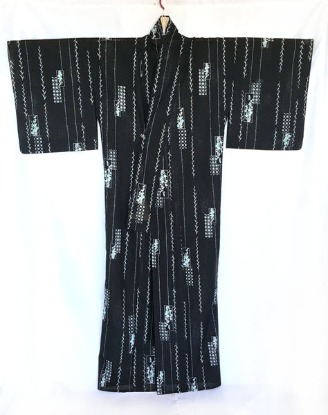 Authentic Japanese summer kimono - casual black with white weeping willow leaves