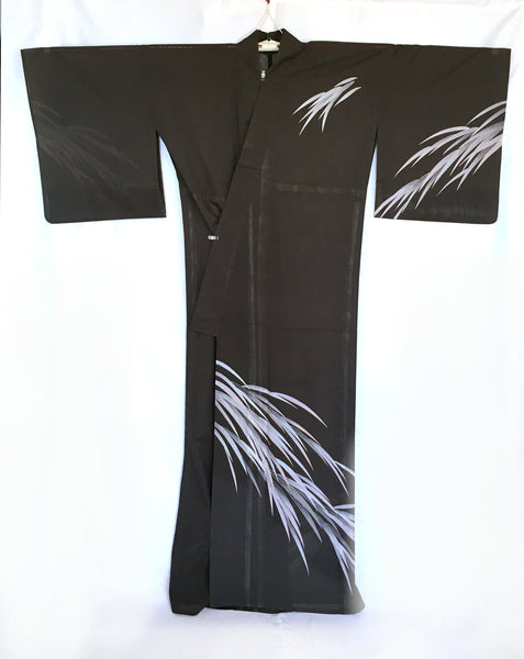 Authentic Japanese summer kimono - elegant gark grey tsukesage with pale grass blades and single family crest