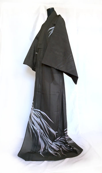 Authentic Japanese summer kimono - elegant gark grey tsukesage with pale grass blades and single family crest