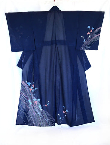 Authentic Japanese summer kimono - elegant gark blue tsukesage with pink and blue momiji leaves