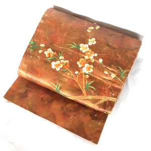 Elegant Nagoya obi - metallic copper and orange with embroidered plum blossoms