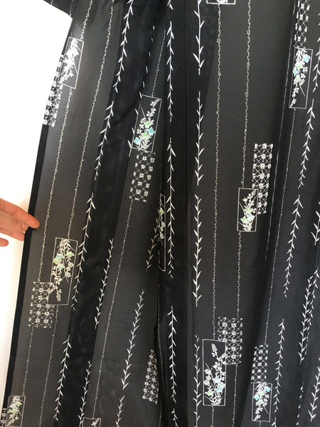 Authentic Japanese summer kimono - casual black with white weeping willow leaves