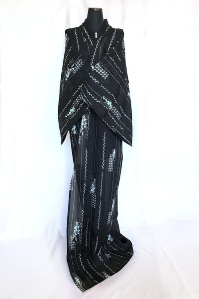 Authentic Japanese summer kimono - casual black with white weeping willow leaves