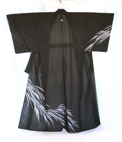 Authentic Japanese summer kimono - elegant gark grey tsukesage with pale grass blades and single family crest