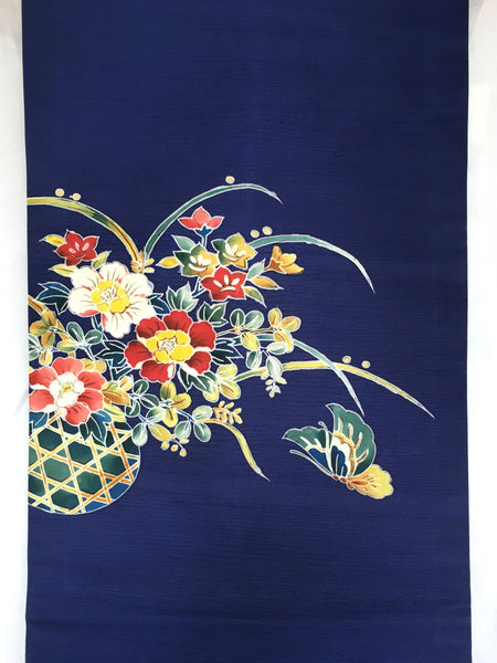 Elegant silk Nagoya obi - dark blue with a colorful flower arrangement