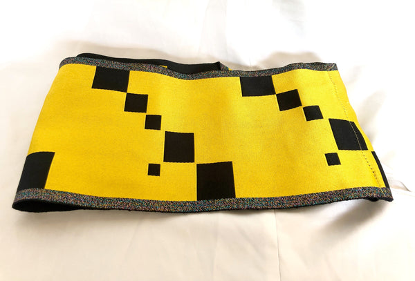 Instant yukata obi - vivd yellow with black pixel decoration and metallic accents