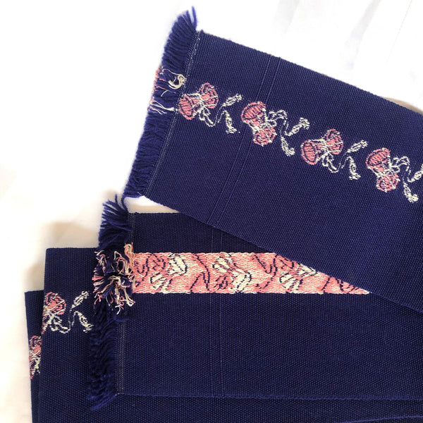 Unique Japanese hanhaba obi - dark blue wool with woven pink kotsuzumi drums pattern