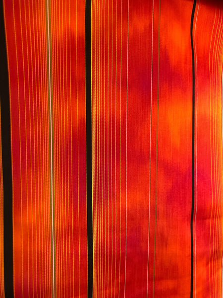 Vintage silk tanmono - kimono raincoat fabric bolt - red and orange fabric with black, yellow, and green stripes