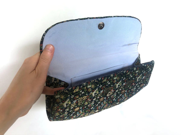Elegant Japanese pouch bag - deep blue jacquard with colorful florals and phoenixes motifs