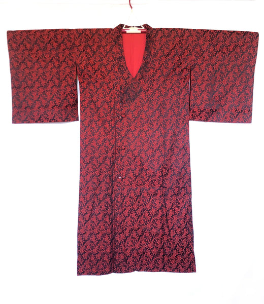 Traditional long Japanese kimono coat - thin red and black jacquard with floral motifs