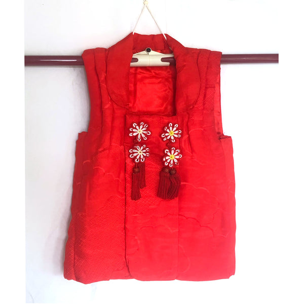 Traditional kimono vest for children - bright red with flower ornaments