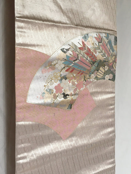 Elegant Nagoya obi - metallic silver and pink with pastel quiver