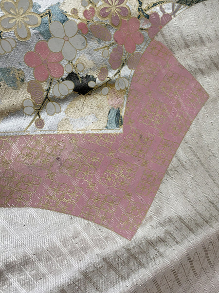 Elegant Nagoya obi - metallic silver and pink with pastel quiver