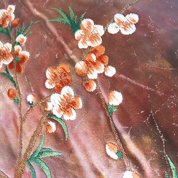 Elegant Nagoya obi - metallic copper and orange with embroidered plum blossoms