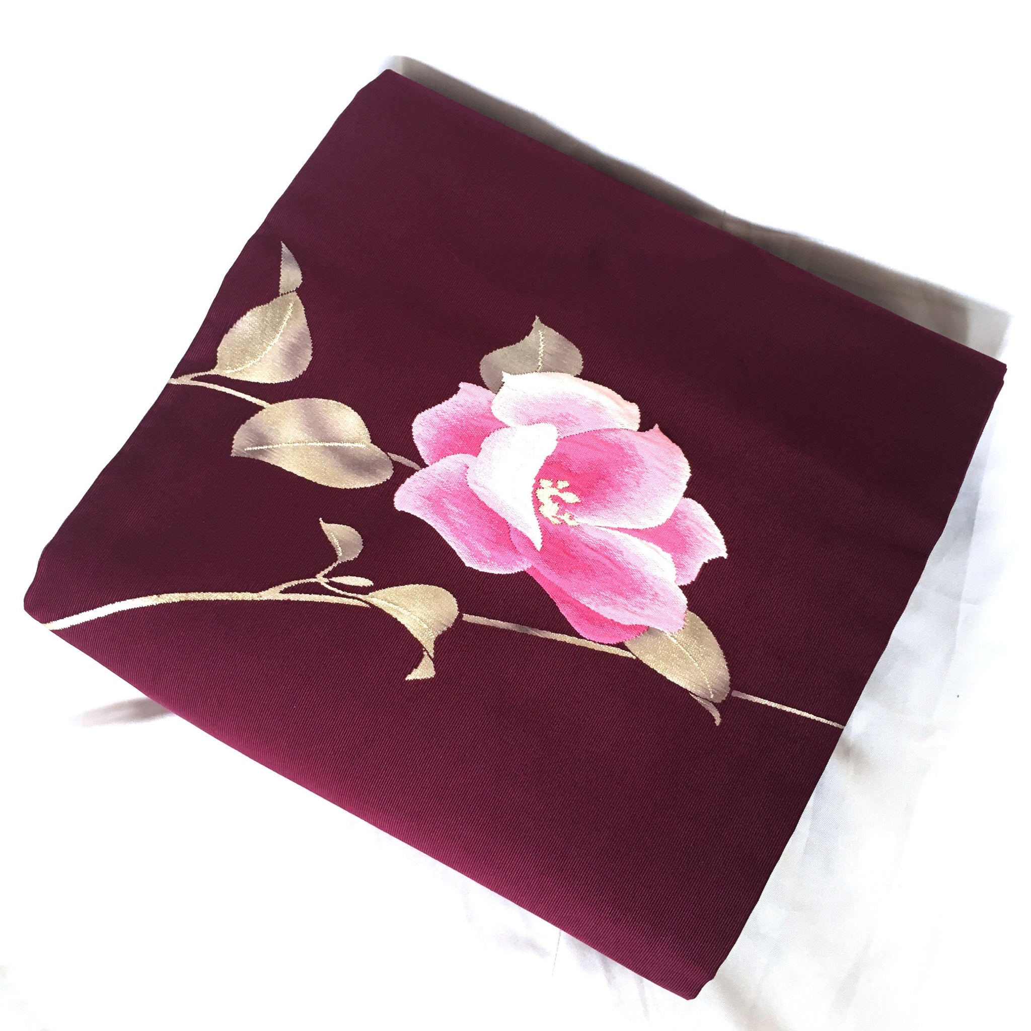Simple Nagoya obi - grape purple with pink camellia flower