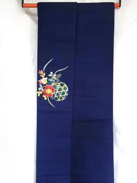 Elegant silk Nagoya obi - dark blue with a colorful flower arrangement