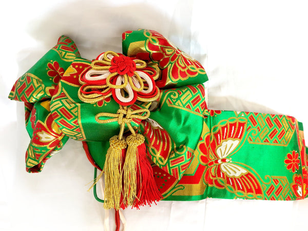 Instant vintage obi for children - festive ribbon tie in gold, red, and bright green