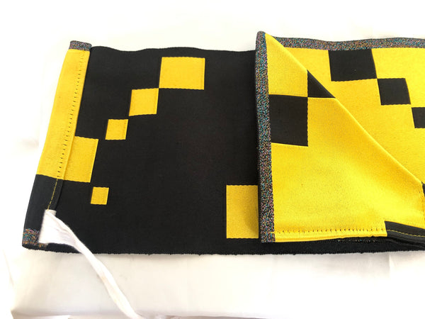 Instant yukata obi - vivd yellow with black pixel decoration and metallic accents