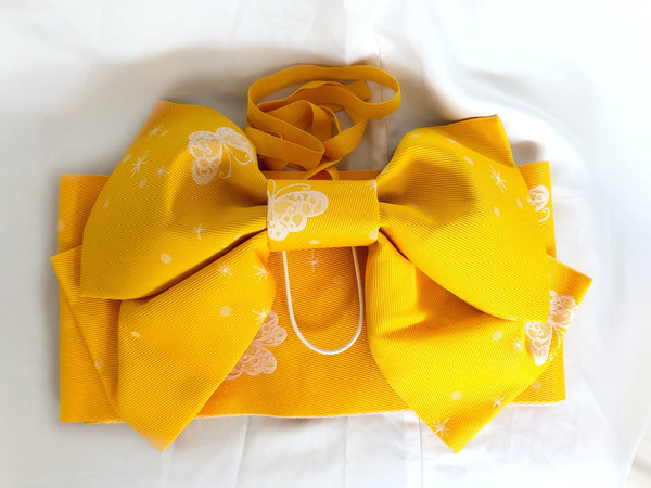 Instant yukata obi - bright yellow with white butterflies and sparkles pattern
