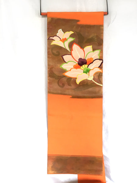 Vivid Nagoya obi - copper and orange with colorful magnolia flower