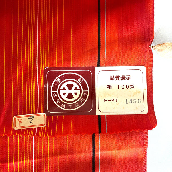Vintage silk tanmono - kimono raincoat fabric bolt - red and orange fabric with black, yellow, and green stripes